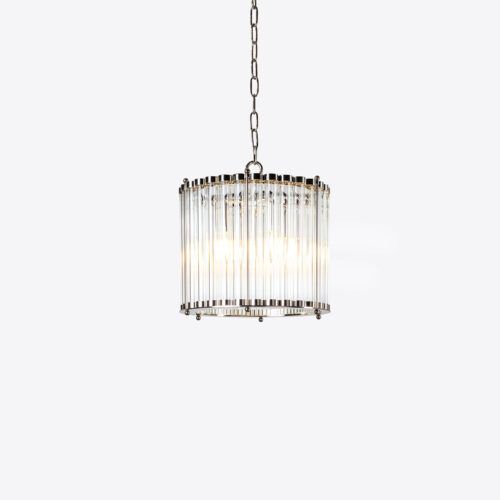 Small Monza chandelier in nickel silver - small drum chandelier with a nickel finish and clear glass tubes
