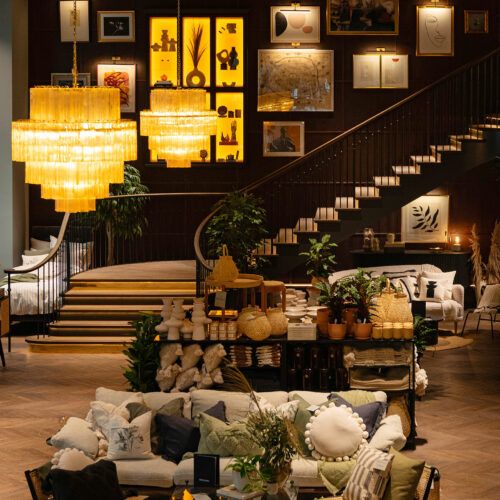 Murano glass chandelier by Pure White Lines at H&M Home in Paris - lighting for commercial interiors