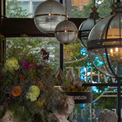 Parisian holophane globe pendant lights at Mare Street Market