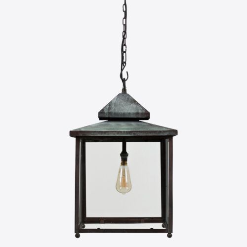 Keats in a bronze verdigris finish - a traditional square hanging lantern for hallways porches