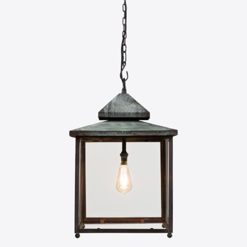 Keats in a bronze verdigris finish - a traditional square hanging lantern for hallways porches