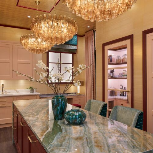 Sorrento pink chandeliers by Pure White Lines at WOW!house at Design Centre Chelsea Harbour 2023