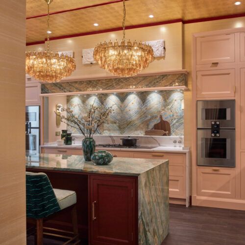Sorrento pink chandeliers by Pure White Lines at WOW!house at Design Centre Chelsea Harbour 2023