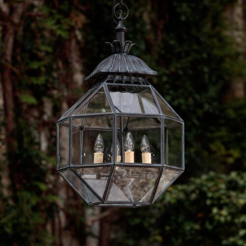 Parnham geometric hanging lantern designed by James Perkins of Parnham Park - made of solid brass in a Bronze Verdigris finish
