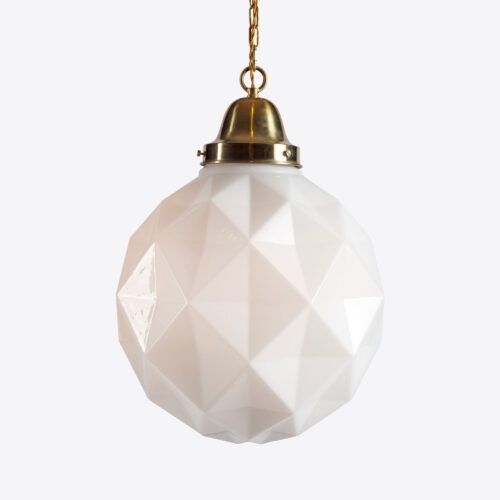 Large Cubist - mid-century inspired brass and opaline glass pendant light