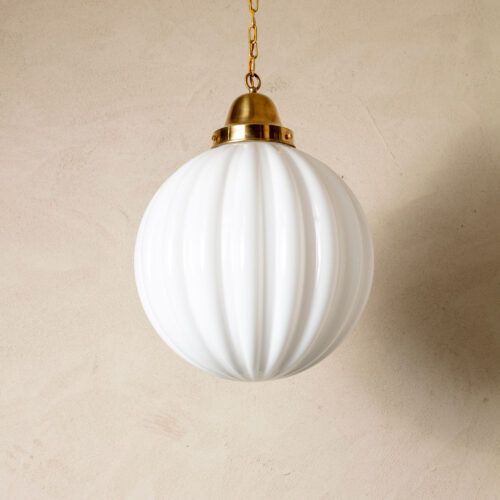 Large Pumpkin pendant in opaline glass and brass - mid-century style ideal for kitchen islands or dining rooms