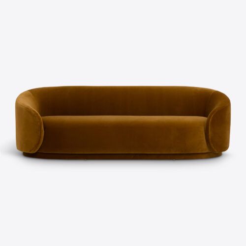 Tokyo curved sofa in mustard yellow velvet mid-century art deco modernist style