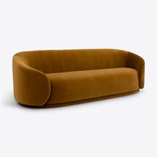 Tokyo curved sofa in mustard yellow velvet mid-century art deco modernist style