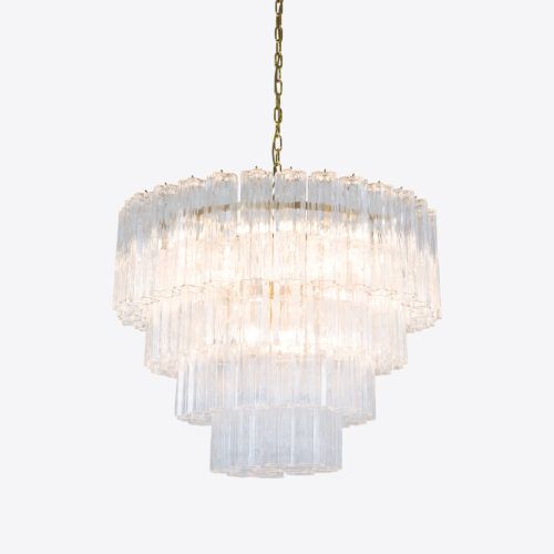 Treviso mid-century inspired tiered glass chandelier in clear smoked quartz or pink glass