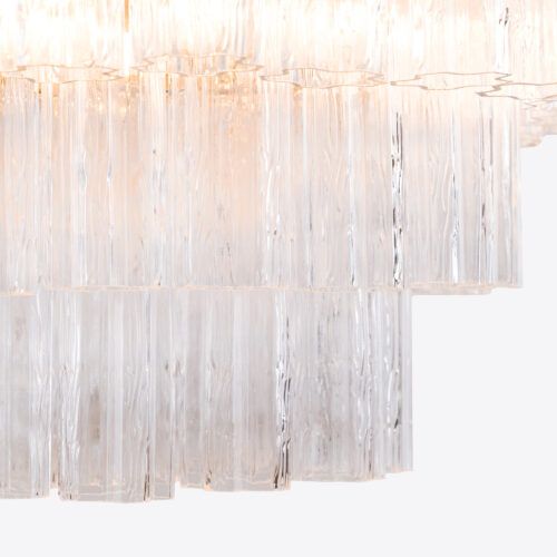 Treviso mid-century inspired tiered glass chandelier in clear smoked quartz or pink glass
