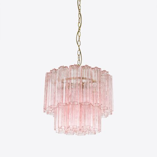Treviso mid-century inspired small tiered glass chandelier in clear smoked quartz or pink glass