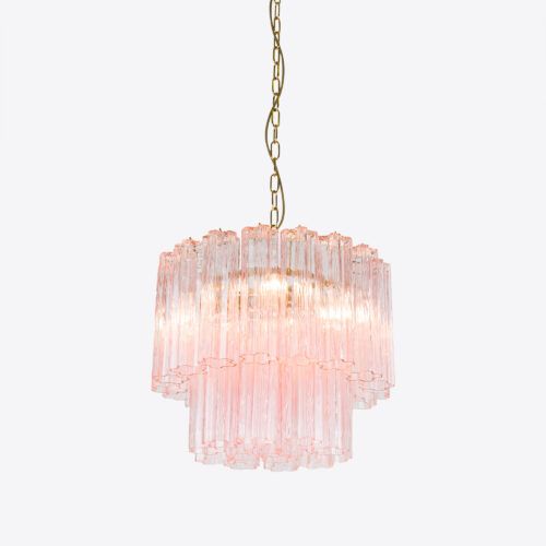 Treviso mid-century inspired small tiered glass chandelier in clear smoked quartz or pink glass