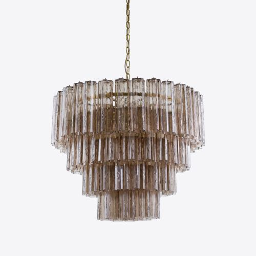 Treviso mid-century inspired tiered glass chandelier in clear smoked quartz or pink glass