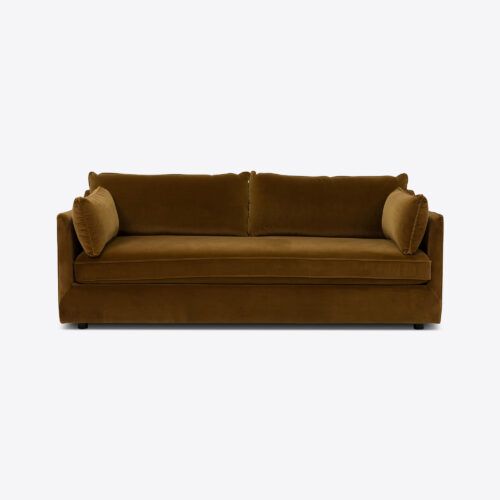 gold sofa upholstered in mustard velvet 2 seater mid-century design